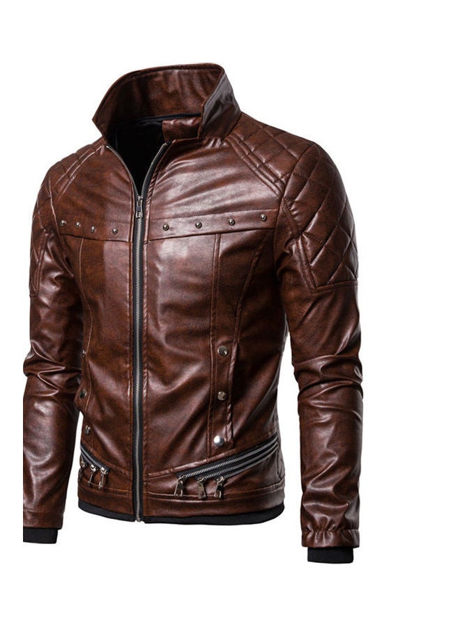 Generic - Removeable Artificial Furry Collar Rivet Thickened Pu Leather Jacket Brown - Image 1