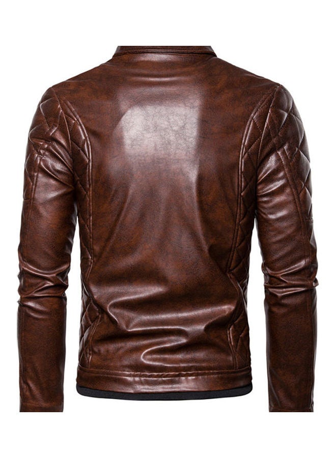 Generic - Removeable Artificial Furry Collar Rivet Thickened Pu Leather Jacket Brown - Image 1