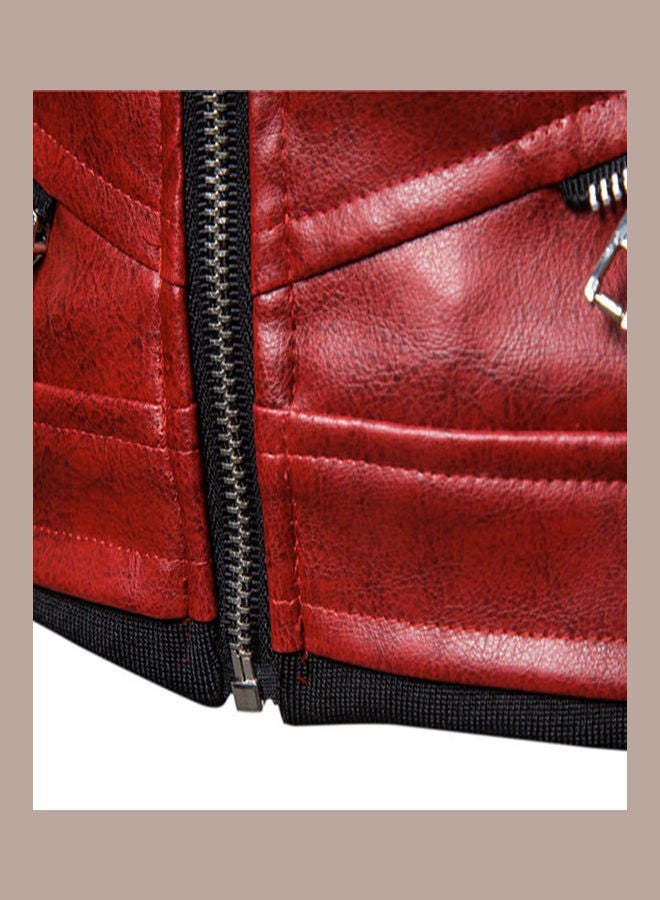 Pu Jacket Removeable Artificial Furry Collar Rivet Thickened Leather Red  - Image 5