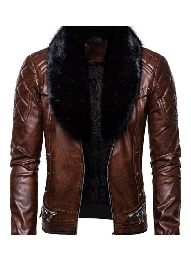 Generic - Removeable Artificial Furry Collar Rivet Thickened Pu Leather Jacket Brown - Image 1