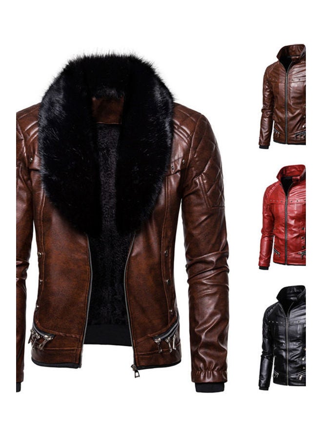Generic - Removeable Artificial Furry Collar Rivet Thickened Pu Leather Jacket Brown - Image 1