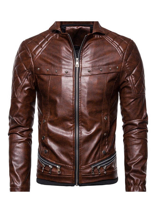 Generic - Removeable Artificial Furry Collar Rivet Thickened Pu Leather Jacket Brown - Image 1