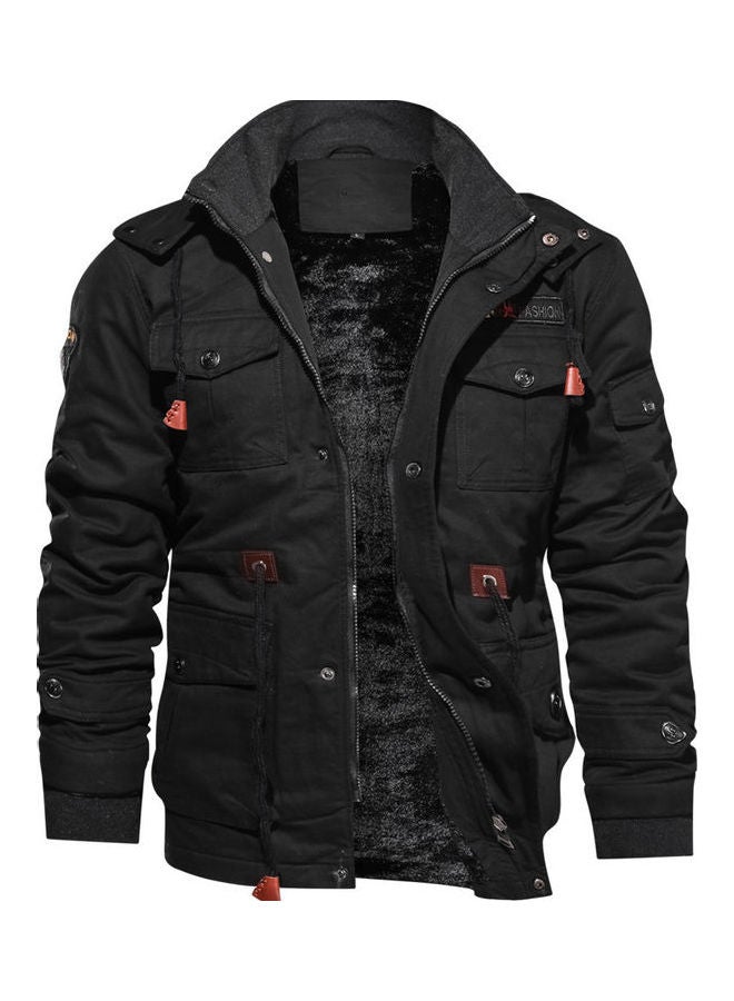 Embroidered Cotton Hooded Jacket Black - Image 1
