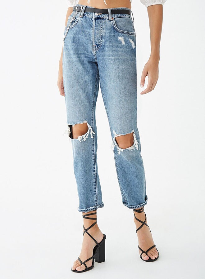 Distressed Style High Rise Jeans Blue