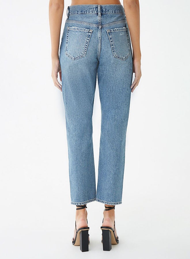 Distressed Style High Rise Jeans Blue