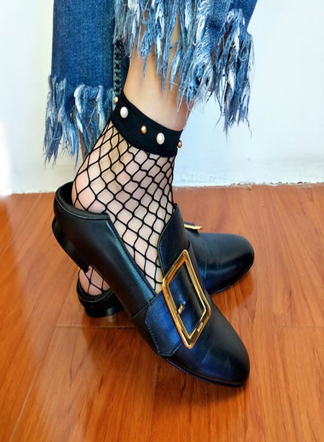 1 Pair Faux Pearl Decor Solid Color Mesh Crew Socks Black - Image 3