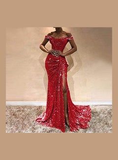 Generic Women Sequined Stitching Shining Club Short Sleeved Banquet Evening Dress red  - Image 2