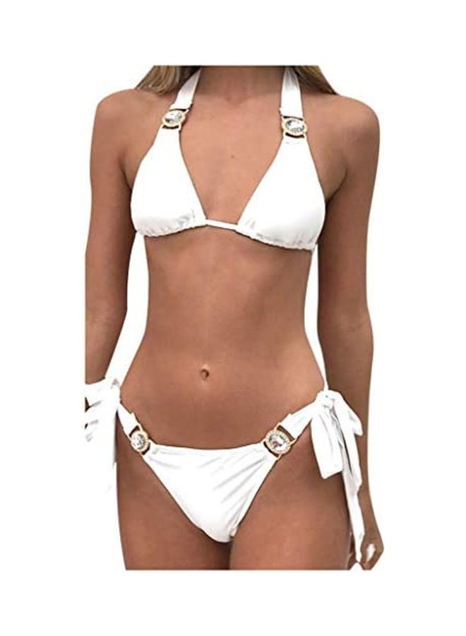 Generic Women Solid Strap Rhineston Bandage Push Up Bikini Set white  - Image 2