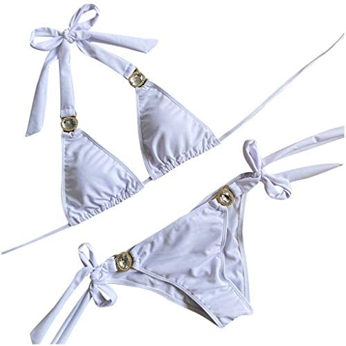 Generic Women Solid Strap Rhineston Bandage Push Up Bikini Set white  - Image 1