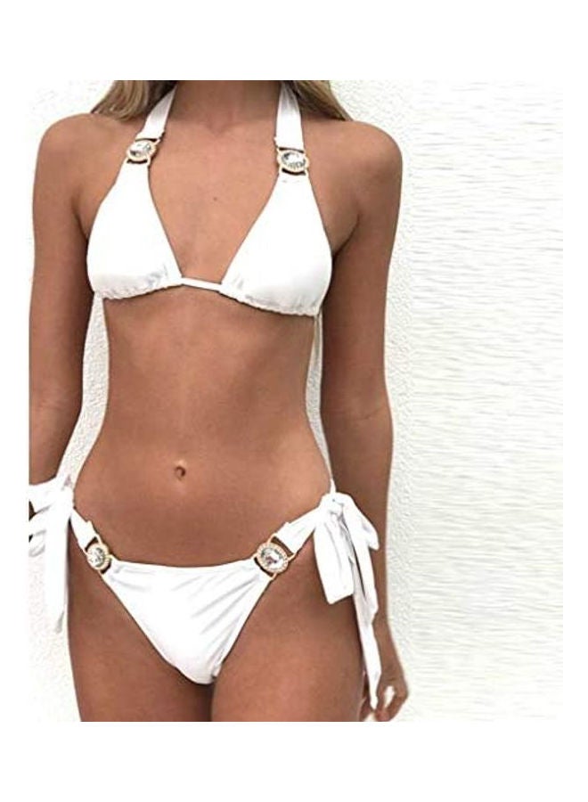 Generic Women Solid Strap Rhineston Bandage Push Up Bikini Set white  - Image 3