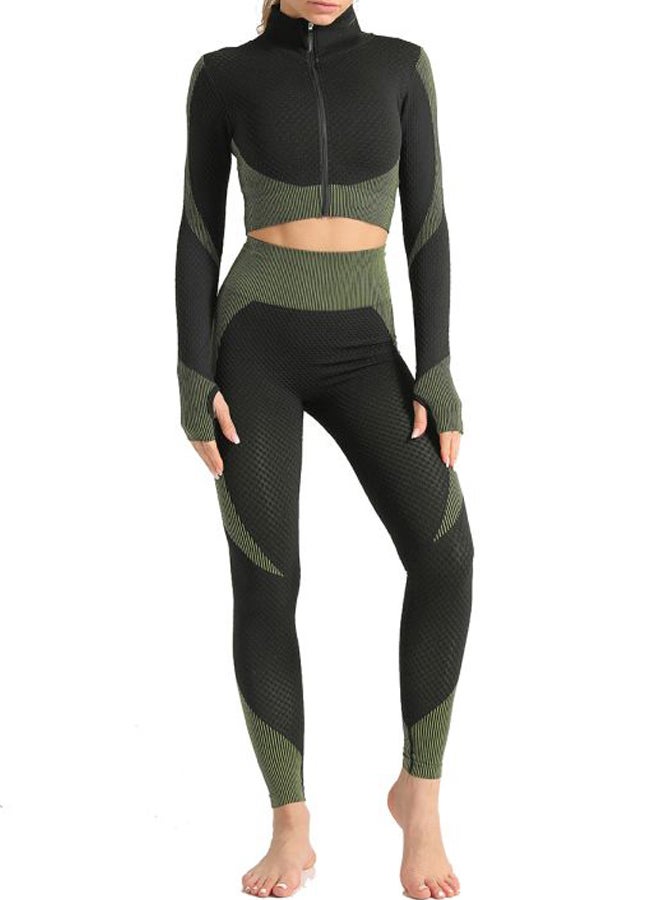 QiaoKai 2-Piece Colourblock Sports Suit Black/Green  - Image 1