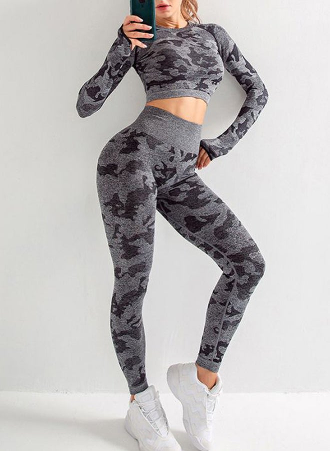 QiaoKai 2-Piece Camouflage Printed Sports Suit Grey/Black  - Image 1
