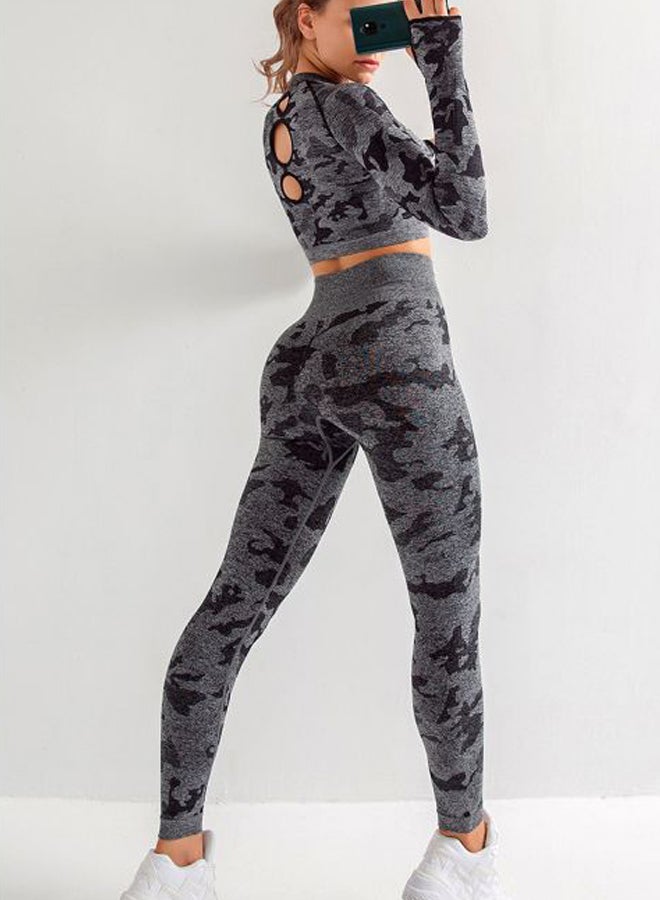 QiaoKai 2-Piece Camouflage Printed Sports Suit Grey/Black  - Image 2