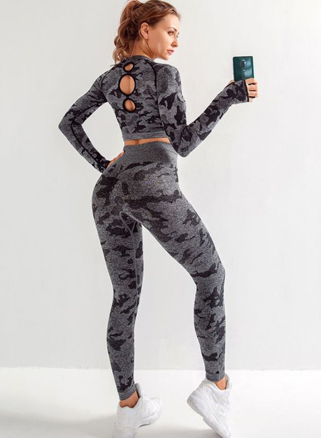 QiaoKai 2-Piece Camouflage Printed Sports Suit Grey/Black  - Image 3
