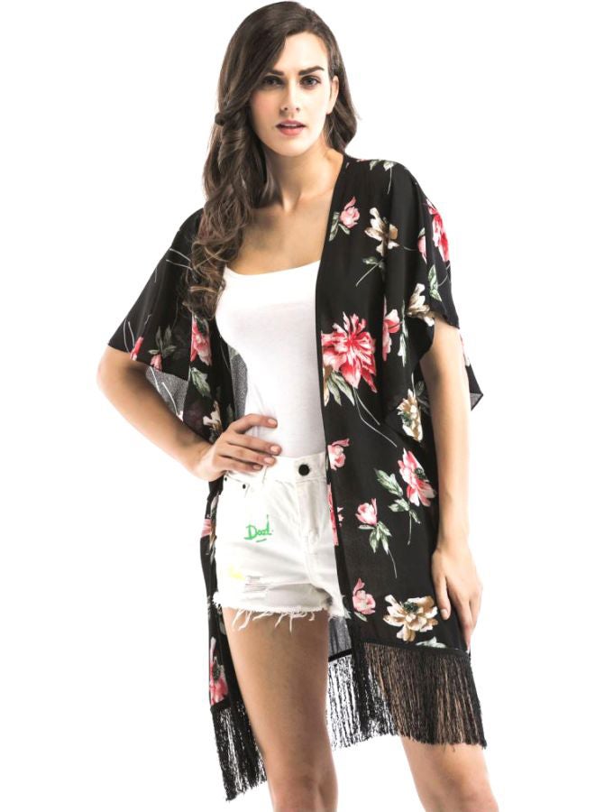QiaoKai Floral Printed Cover Up Black/Pink/Green  - Image 1