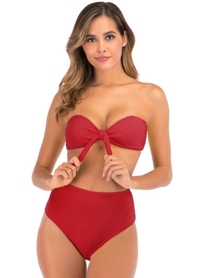 QiaoKai Bow Tie Detail Bikini Top And Bottom Set Red  - Image 1
