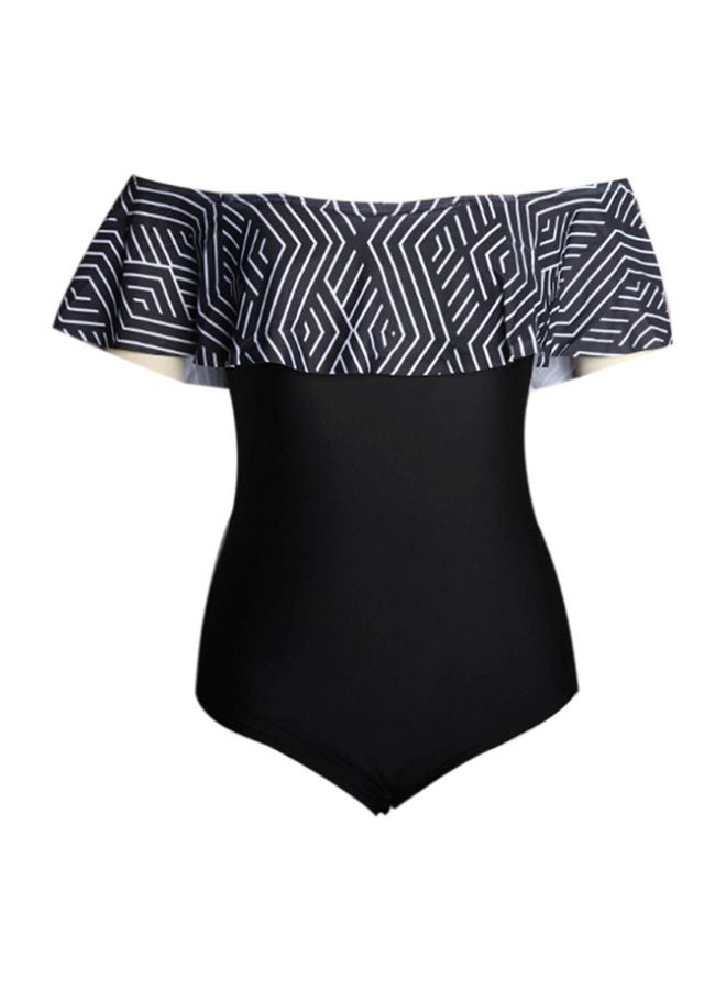 QiaoKai Ruffled Hem Off Shoulder Swimsuit Black/White  - Image 1