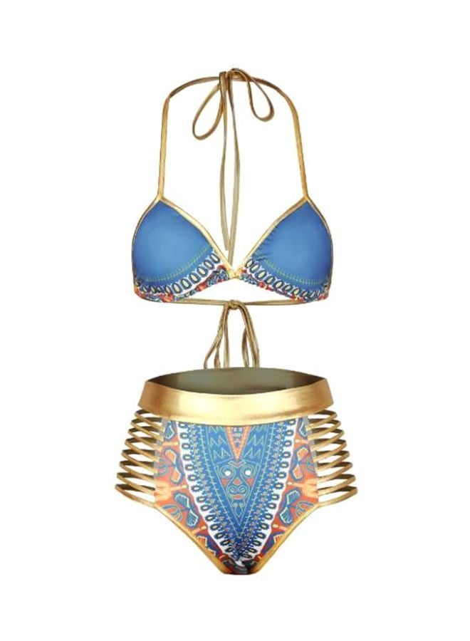 QiaoKai African Style Printed Bikini Top And Bottom Set Blue/Gold/Red 