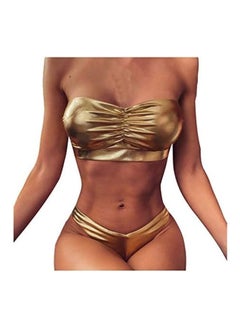 Women Leather Push-Up Padded Bra Beach Bikini Set Gold