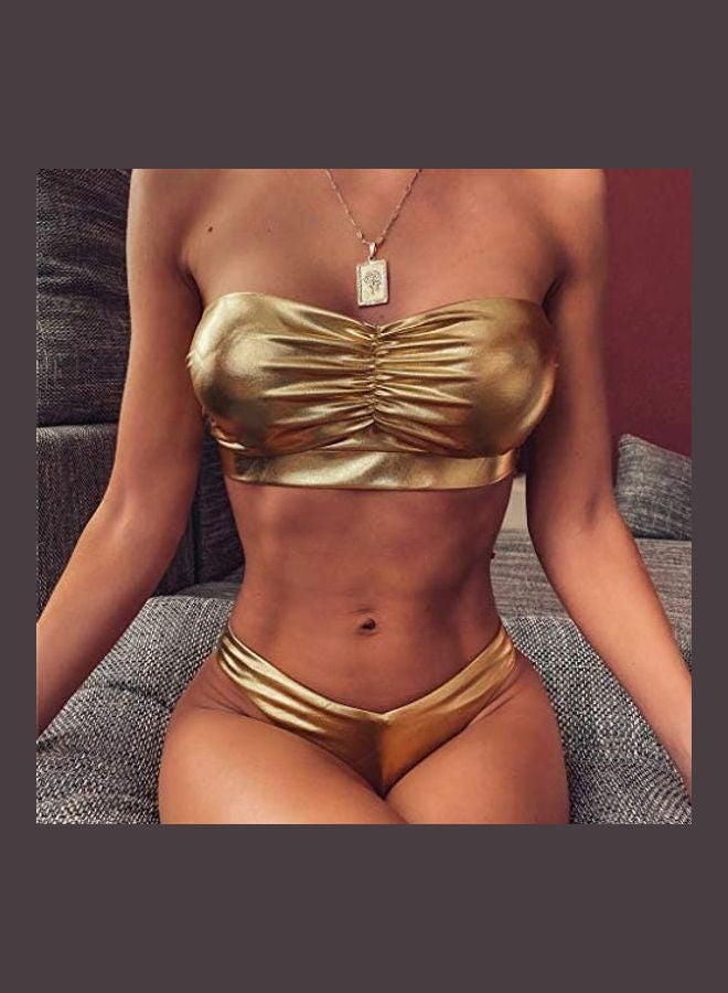 Generic - Women Leather Push-Up Padded Bra Beach Bikini Set Gold - Image 1