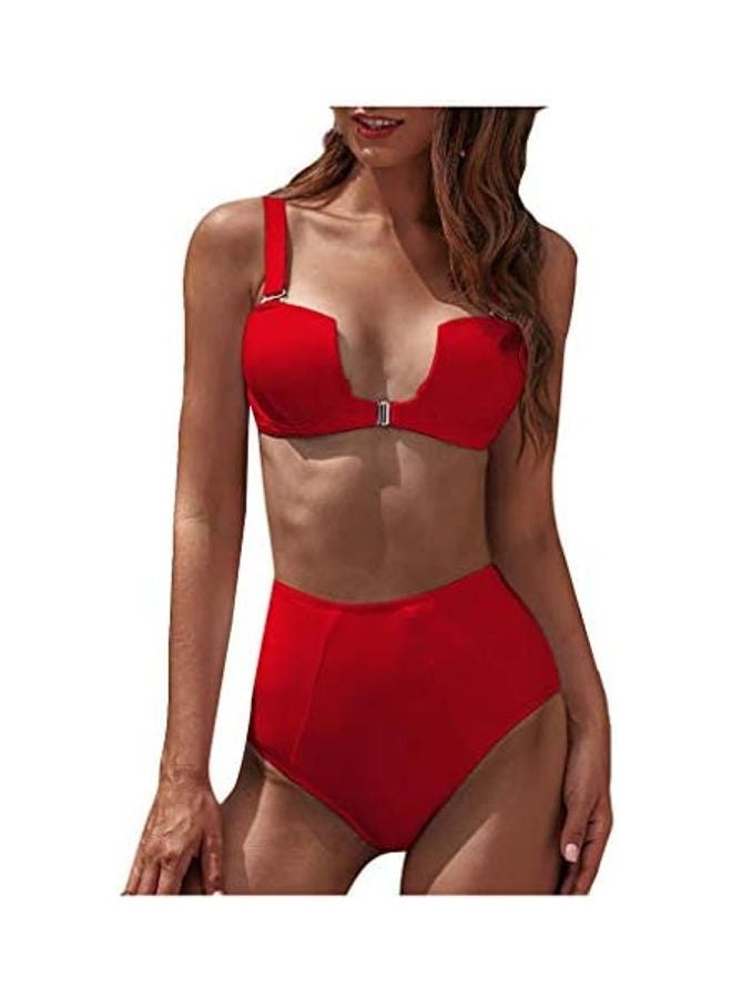 Women Solid Push-Up Padded Bra Beach Bikini Set Red - Image 1