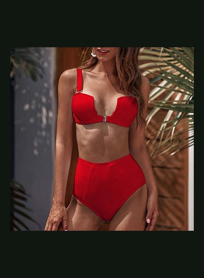 Women Solid Push-Up Padded Bra Beach Bikini Set Red - Image 2