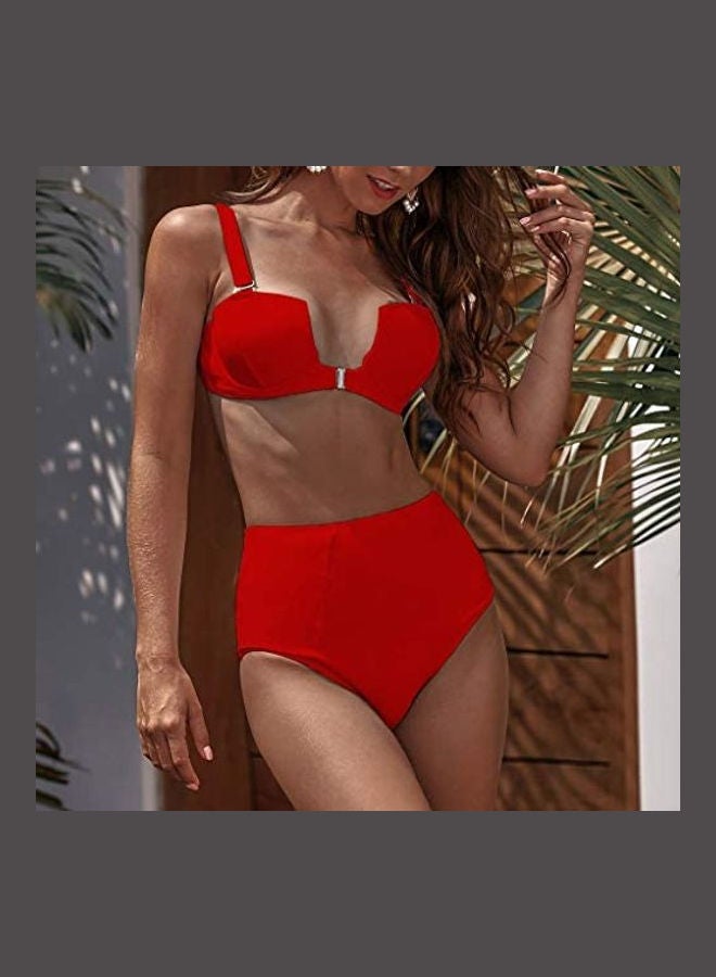 Women Solid Push-Up Padded Bra Beach Bikini Set Red - Image 3