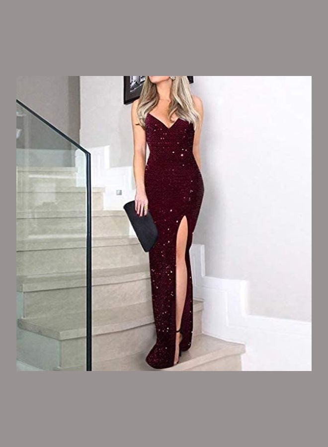 Women Deep V Sequins Wrap Ruched Sleeveless Nightclub Party Dress Red - Image 2