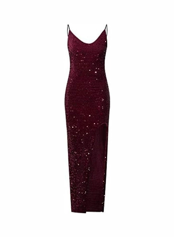 Women Deep V Sequins Wrap Ruched Sleeveless Nightclub Party Dress Red - Image 3