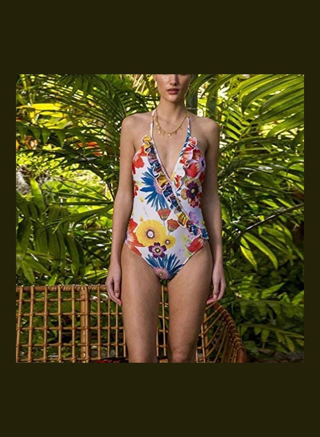 Women's Deep V Ruffle Printed Backless Strap Bikini Swimsuit multicolour - Image 2