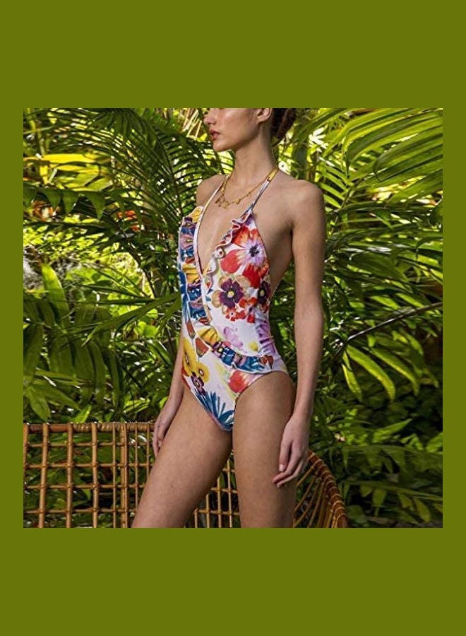 Women's Deep V Ruffle Printed Backless Strap Bikini Swimsuit multicolour - Image 3