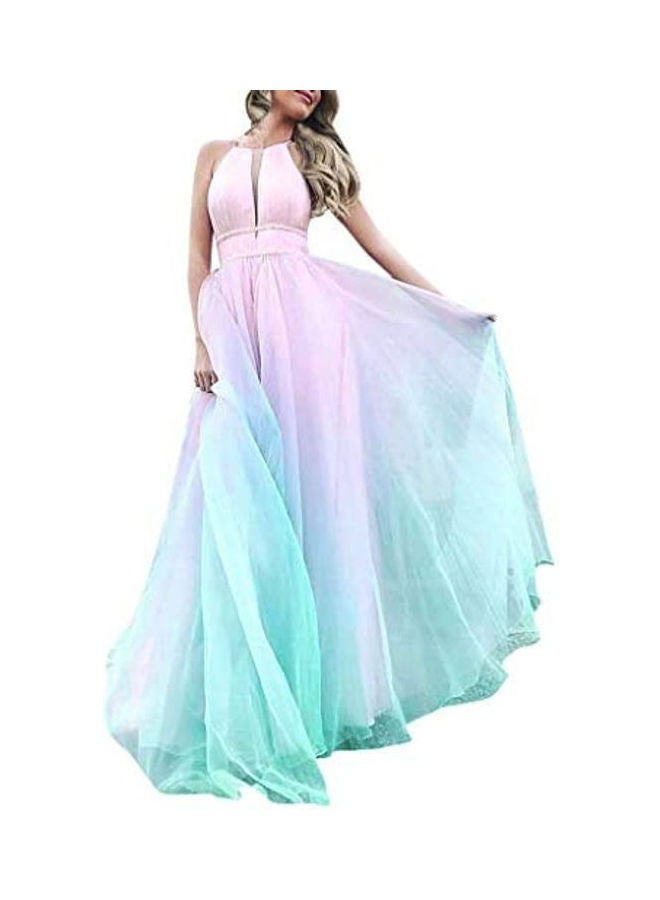 Women Fashion Gradient Mesh Beach Dress Boho Hanging Neck Party Big Swing Dress multicolour - Image 1