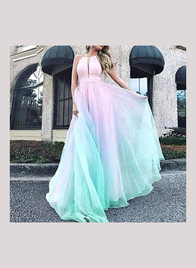 Women Fashion Gradient Mesh Beach Dress Boho Hanging Neck Party Big Swing Dress multicolour - Image 2