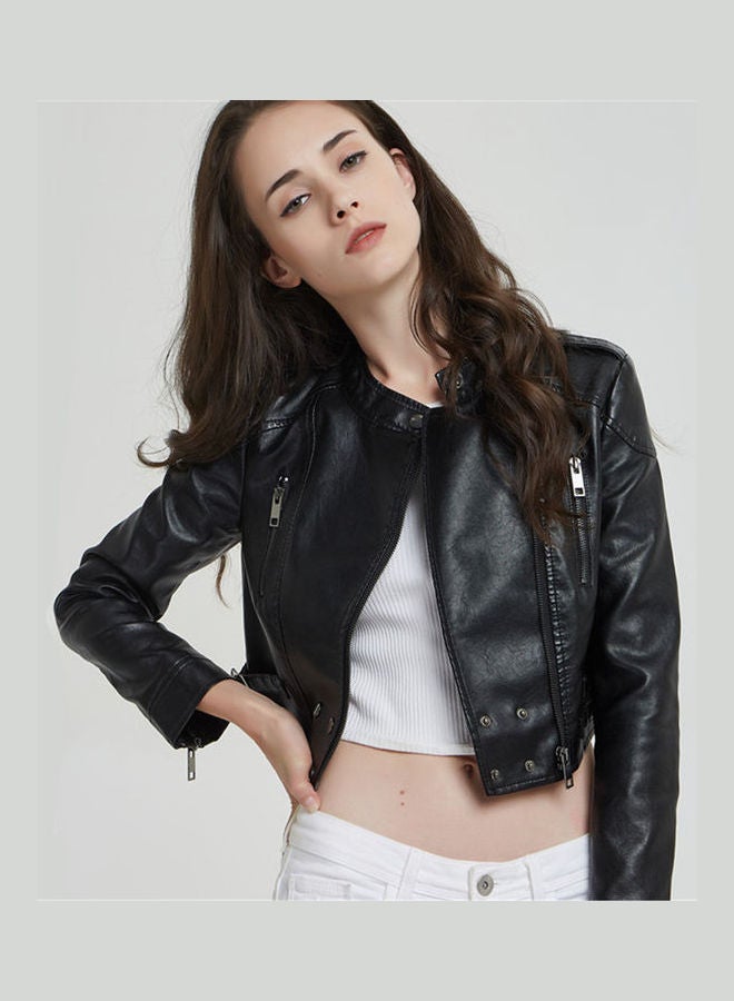 Short Slim Standing Collar Motorcycle Jacket Black  - Image 1