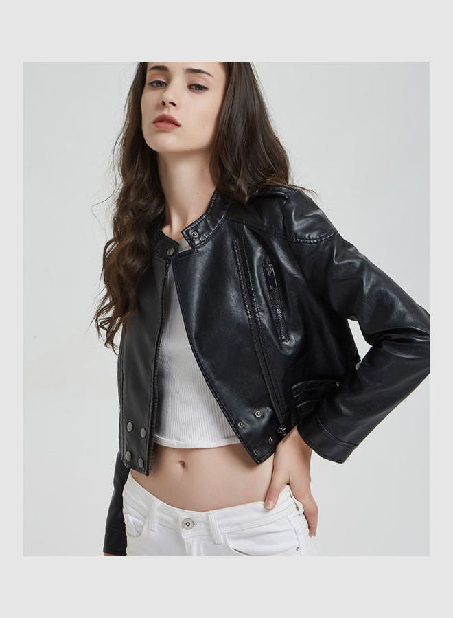 Short Slim Standing Collar Motorcycle Jacket Black  - Image 2