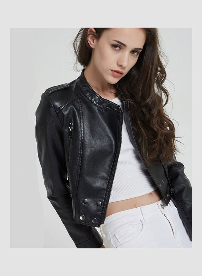 Short Slim Standing Collar Motorcycle Jacket Black  - Image 3