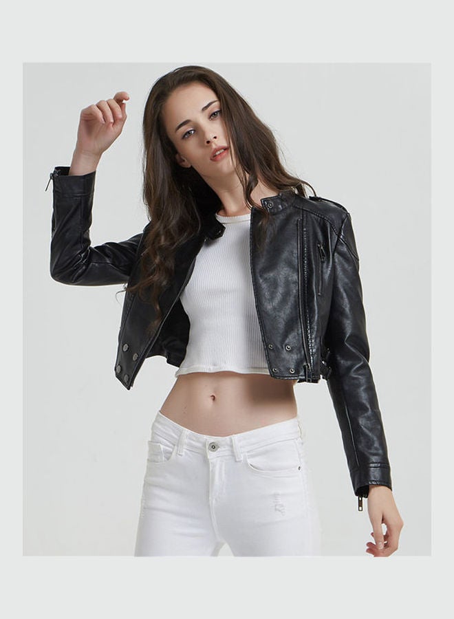 Short Slim Standing Collar Motorcycle Jacket Black  - Image 4