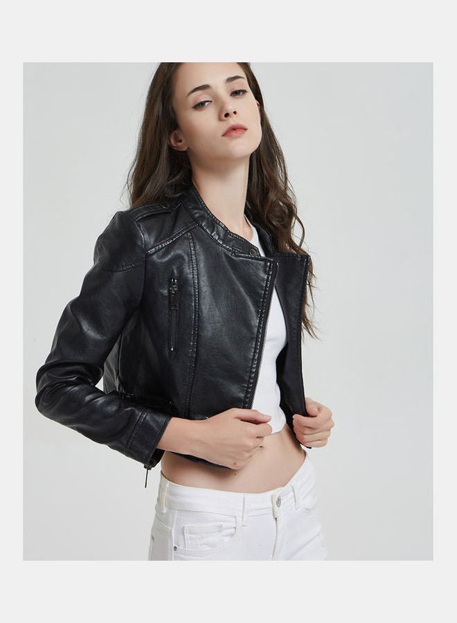 Short Slim Standing Collar Motorcycle Jacket Black  - Image 5