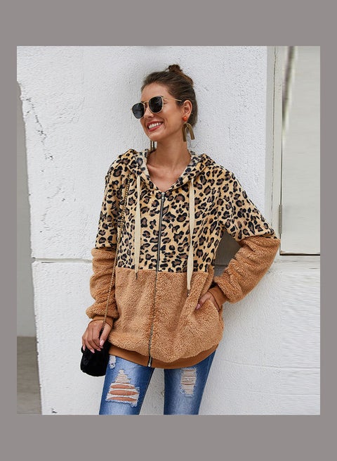 Leopard Stitching Hooded Jacket Khaki