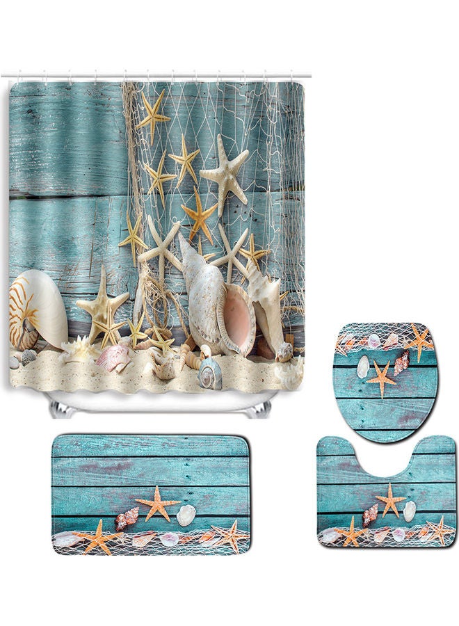 4 Pcs/set Summer Beach Conch Starfish Printed Pattern Bathroom Decoration Water-resistant Shower Curtain Pedestal Rug Lid Toilet Cover Mat Non-slip Bath Mat Set Green 40.0 x 30.0 x 4.0cm - Image 1