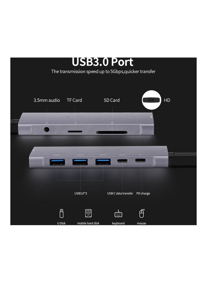 وصلة 9 في 1 متعدد الوظائف من Type-C إلى 4K HD للشحن ونقل البيانات/USB3.0/SD TF/HD/3.5 مم رمادي - Image 2