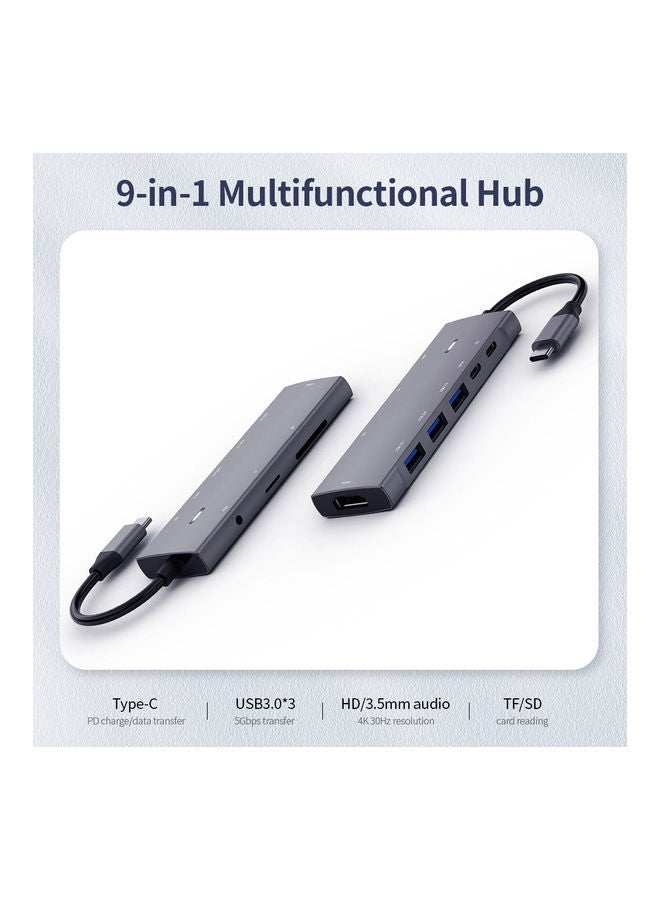 وصلة 9 في 1 متعدد الوظائف من Type-C إلى 4K HD للشحن ونقل البيانات/USB3.0/SD TF/HD/3.5 مم رمادي - Image 4