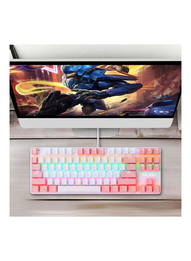 Generic 87 Keys Wired Mixed Light Keyboard With Mechanical Blue Switch Suspension Button Pink & White  - Image 2