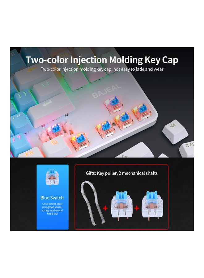 87 Keys Wired Mixed Light Keyboard With Mechanical Blue Switch Suspension Button Pink & White