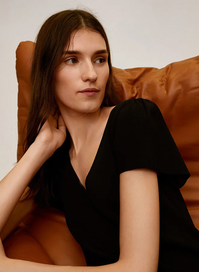 MANGO Frills Ruched Sleeve Midi Dress Black