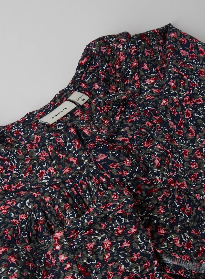 NAME IT - Floral Printed Midi Dress Dark Sapphire - Image 1
