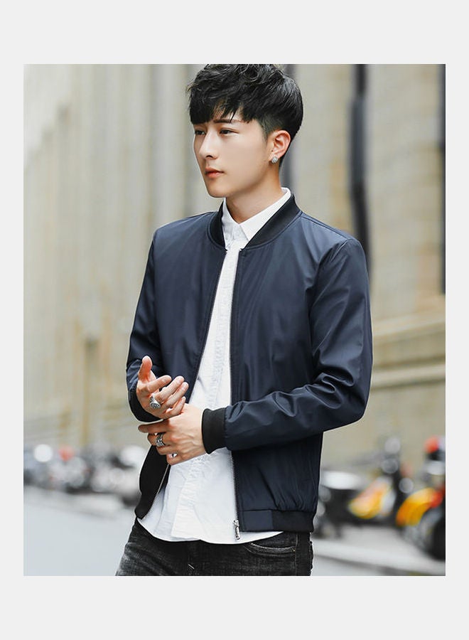 Solid Zip Up Baseball Jacket Black - Image 3