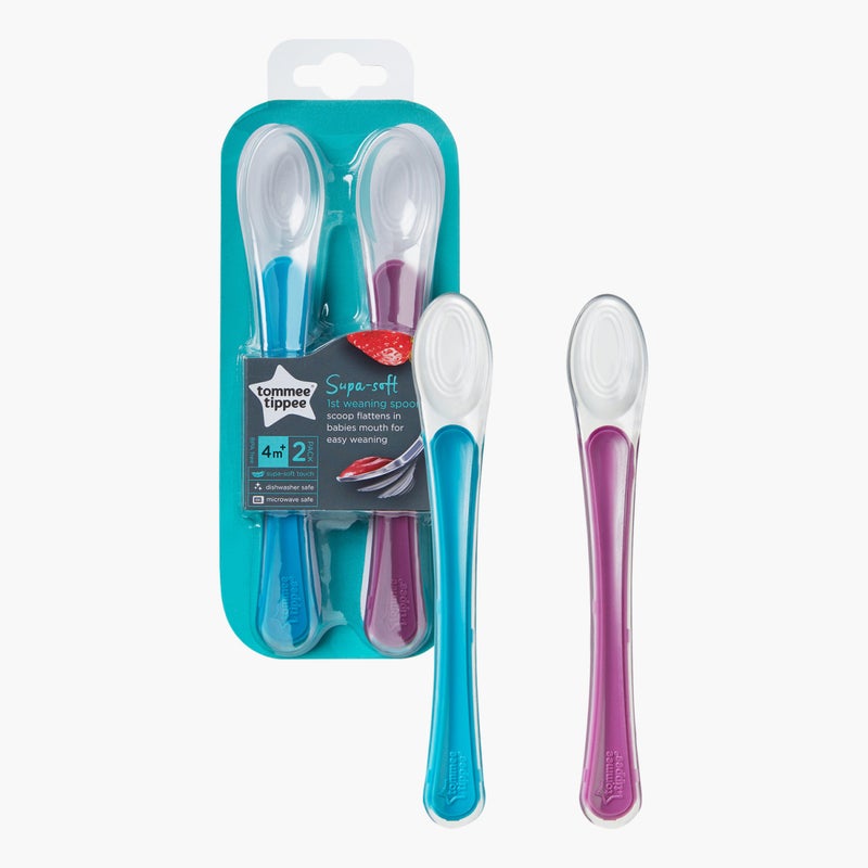 tommee tippee - Pack Of 2 Supa Soft First Transitioning Spoons, 4+ M - Blue/Purple/White - Image 1