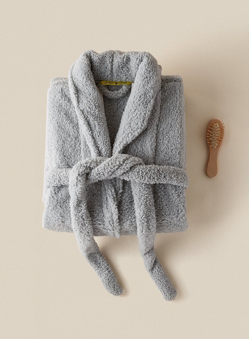 Noon East - Bathrobe - 240 GSM Faux Fur Fleece Ultra Soft, Soft Touch - Shawl Collar & Pocket - Light Grey Color - 1 Piece Light Grey - Image 1