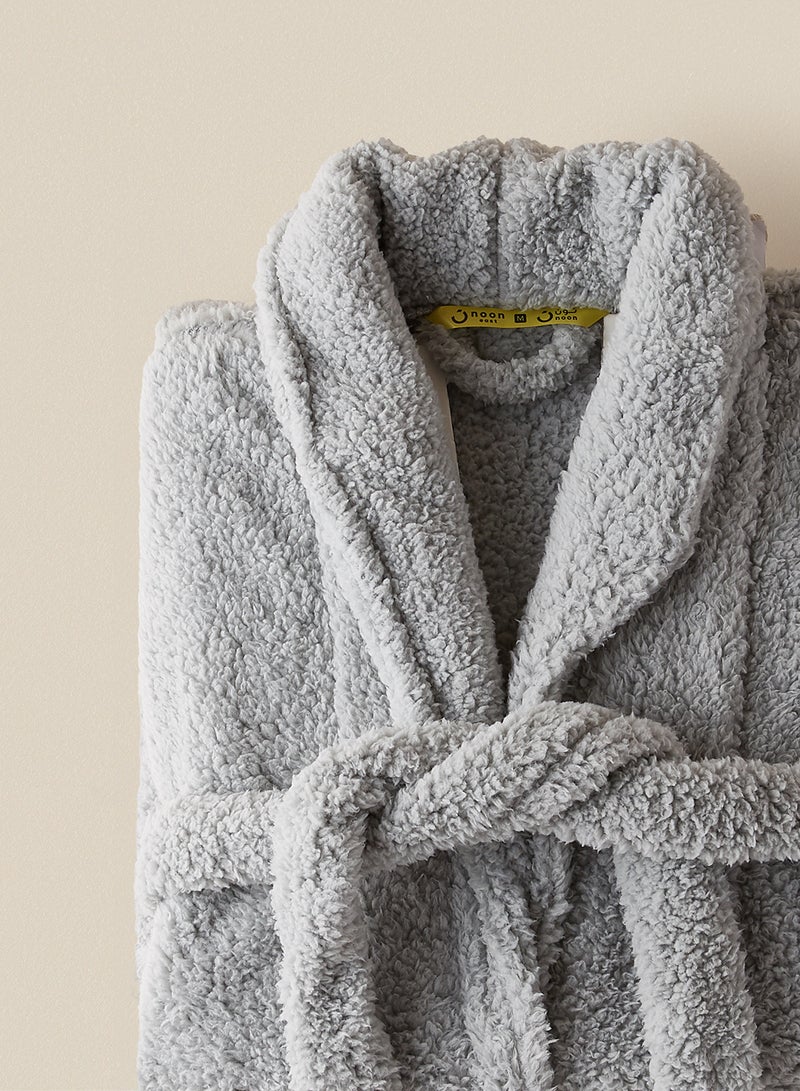 Noon East - Bathrobe - 240 GSM Faux Fur Fleece Ultra Soft, Soft Touch - Shawl Collar & Pocket - Light Grey Color - 1 Piece Light Grey - Image 1